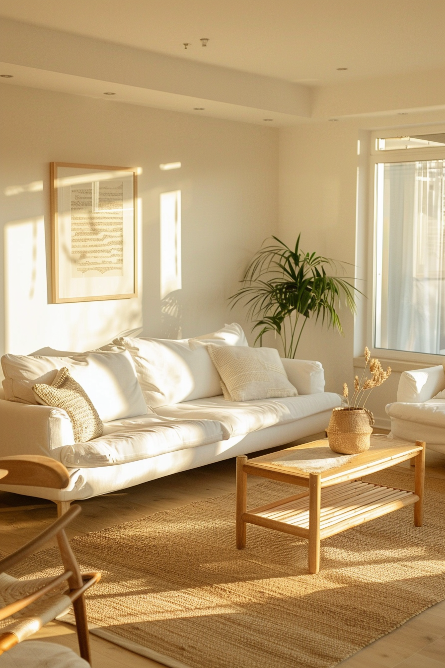 Alt text: Cozy sunlit living room with a white sofa, wooden furniture, a potted plant, and warm natural tones.