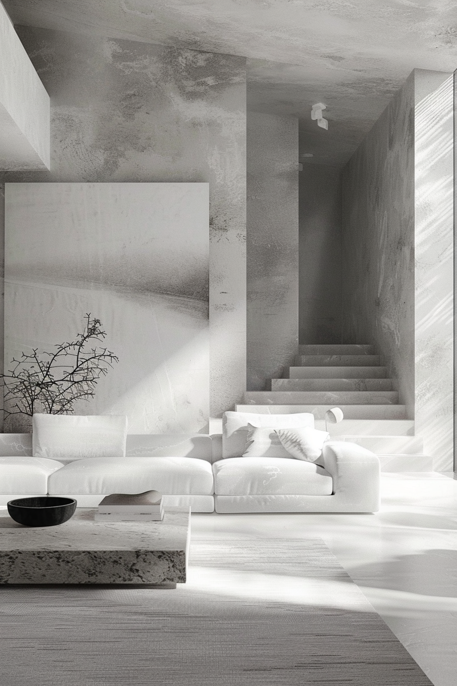 Minimalist monochrome living room with white sofa, textured walls, and a staircase leading upwards.