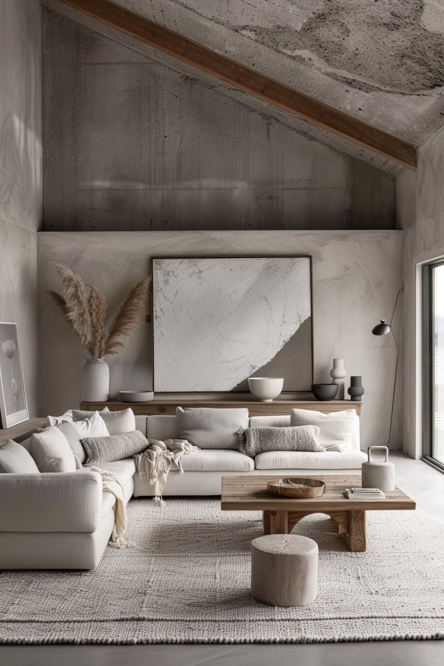 Modern living room with neutral tones, plush sofas, wooden coffee table, textured rug, and abstract wall art.