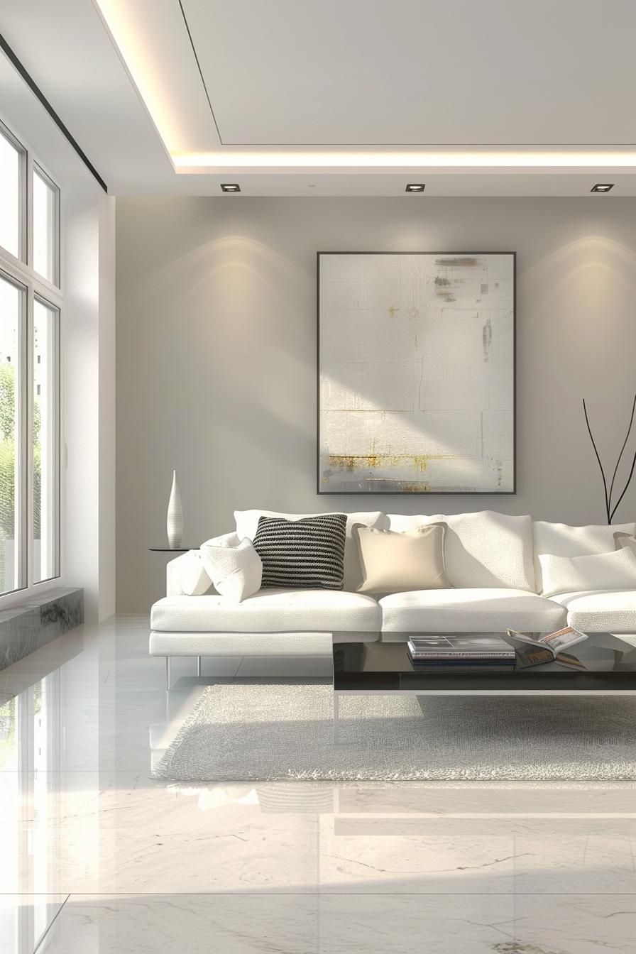Modern living room with white sofa, abstract wall art, sleek floor, and daylight streaming in.