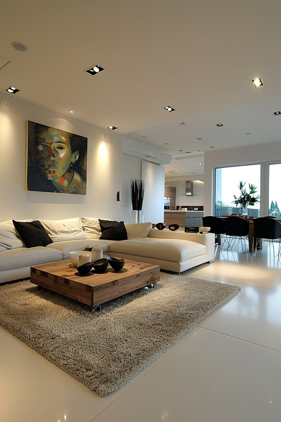 Modern living room with white L-shaped sofa, wooden coffee table, shag rug, and abstract wall art. Brightly lit with recessed lighting.