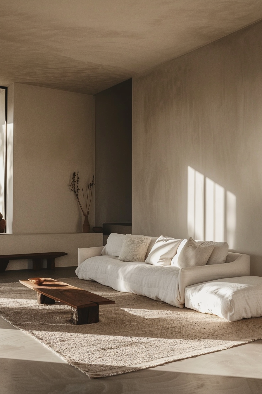 Interior of a minimalist living room with sunlight casting shadow patterns on a white couch and textured rug.