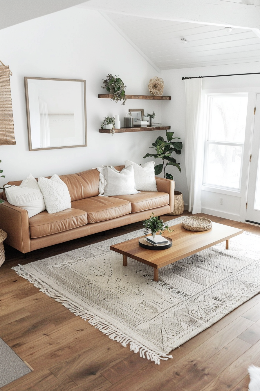 A cozy living room with a brown leather sofa, wooden coffee table, white walls, and decorative shelves.