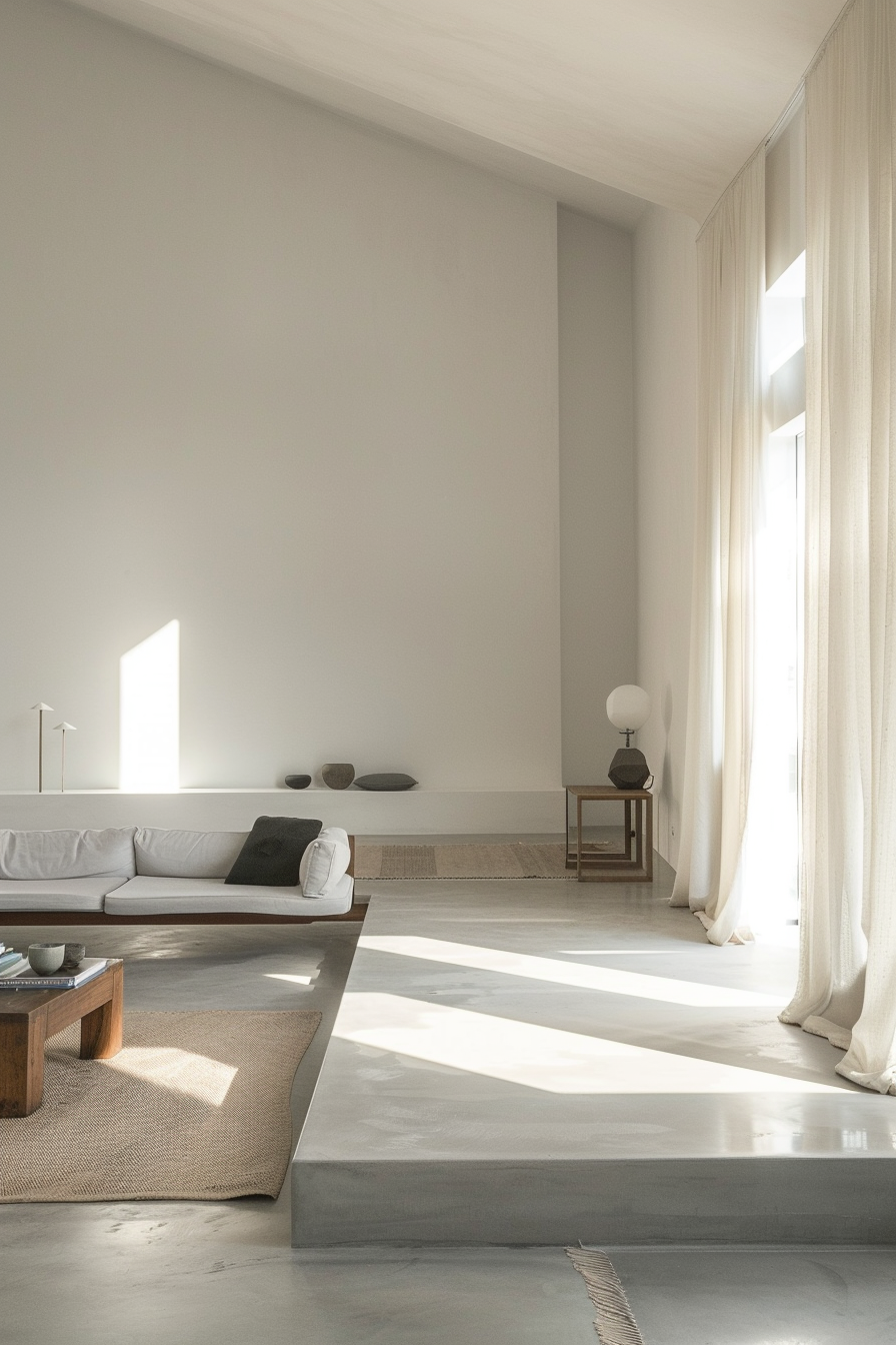 Sunlit minimalist living space with white sofa, concrete floor, sheer curtains, and simple décor.