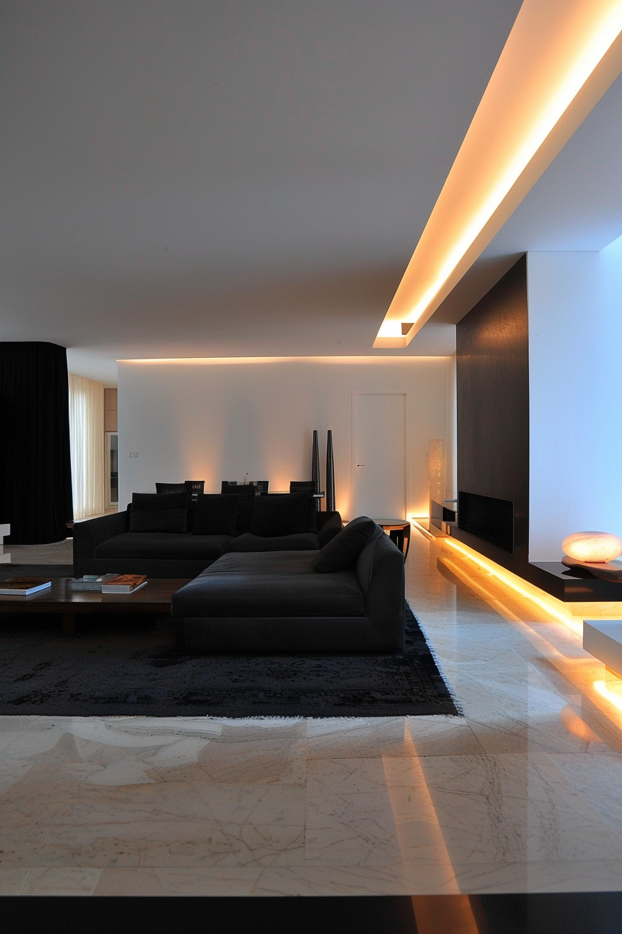 Modern living room with sleek furniture, ambient lighting, and a combination of marble flooring and dark rug.