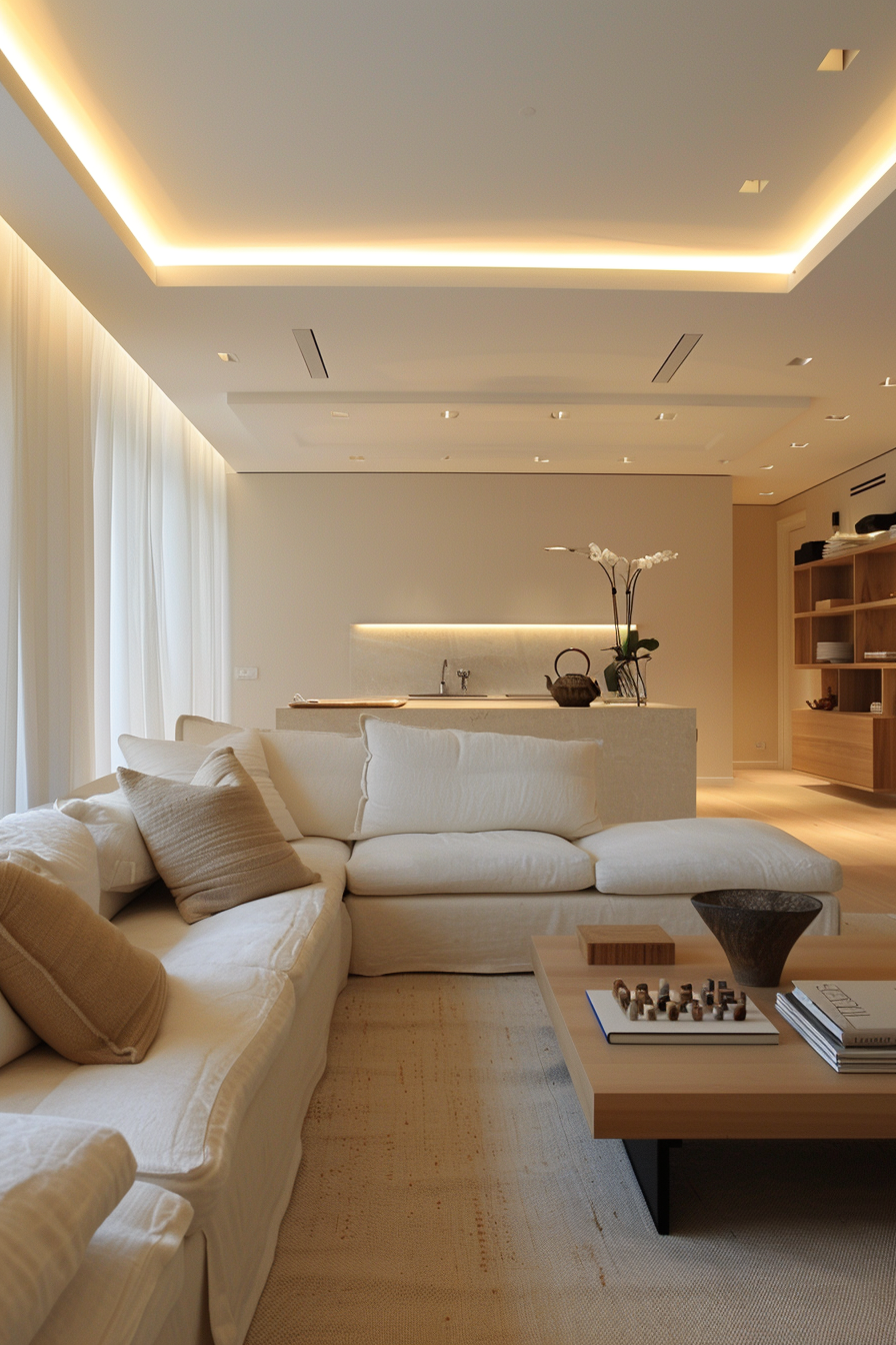 Modern living room with white sofa, wooden furniture, ambient lighting, and a chess set on the coffee table.