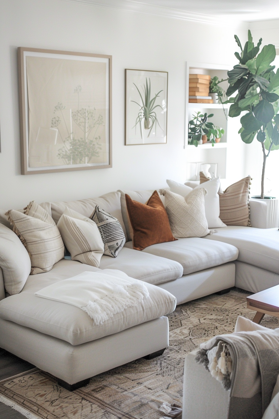 A cozy living room with a white sectional sofa adorned with neutral-toned pillows, botanical art on the walls, and a large indoor plant.