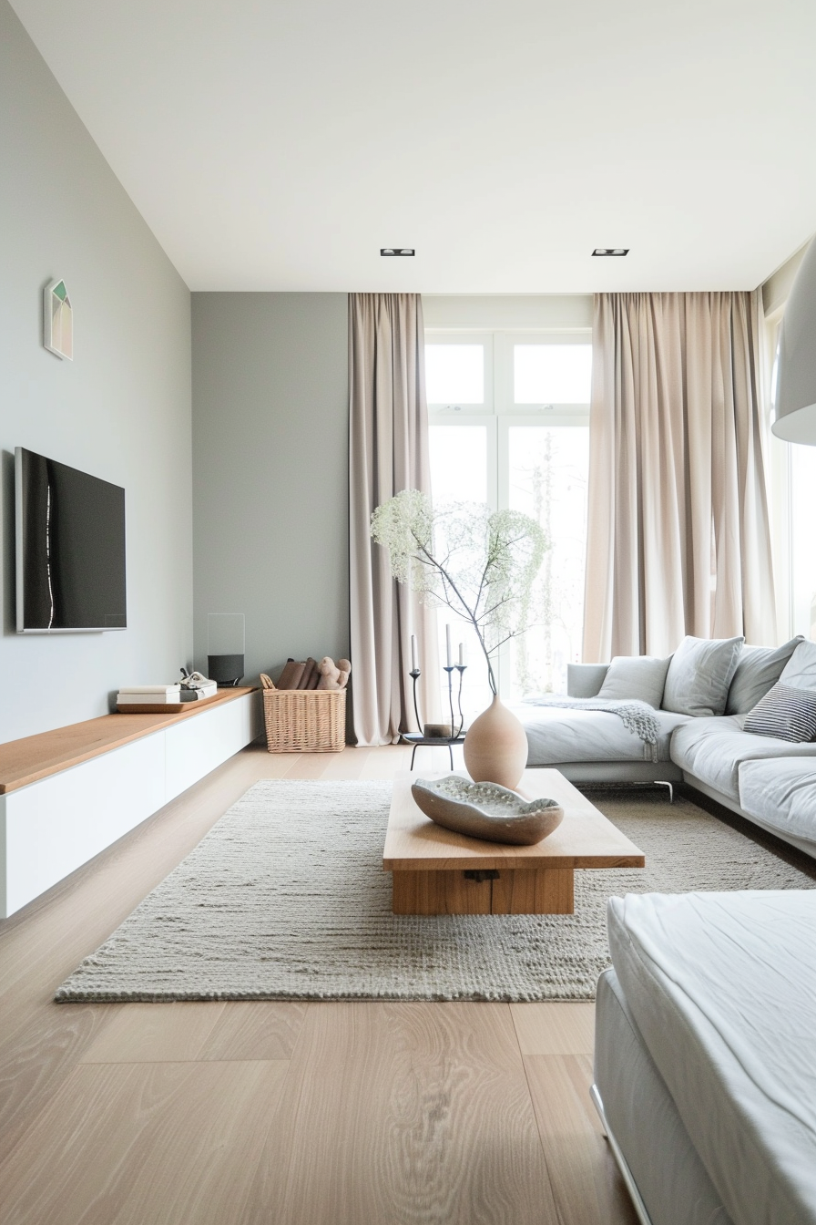 Modern minimalist living room with a light grey sofa, wooden furniture, and neutral tones.