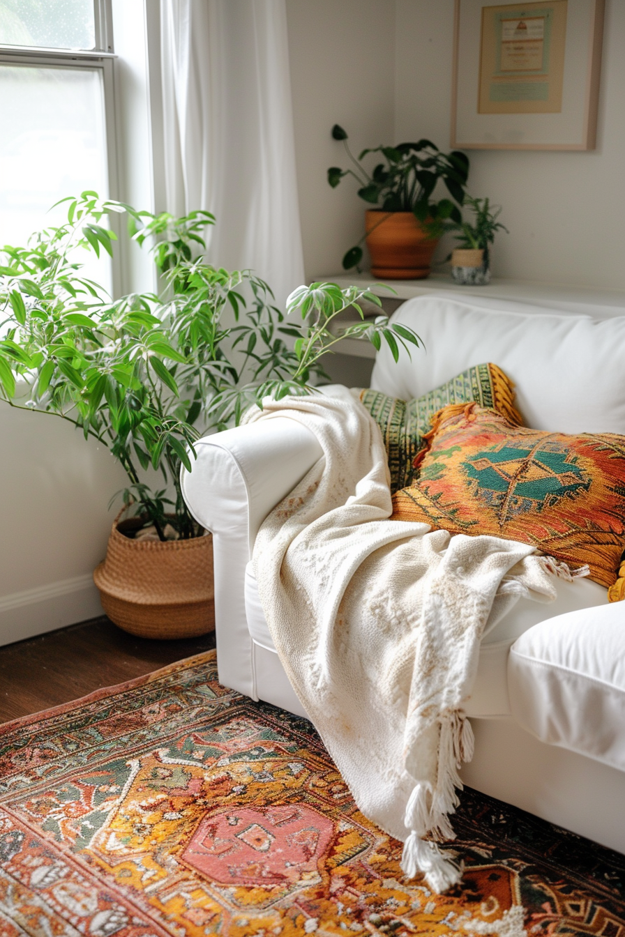 Cozy living room corner with a white sofa, colorful throw pillows, a cream blanket, potted plants, and a patterned rug.