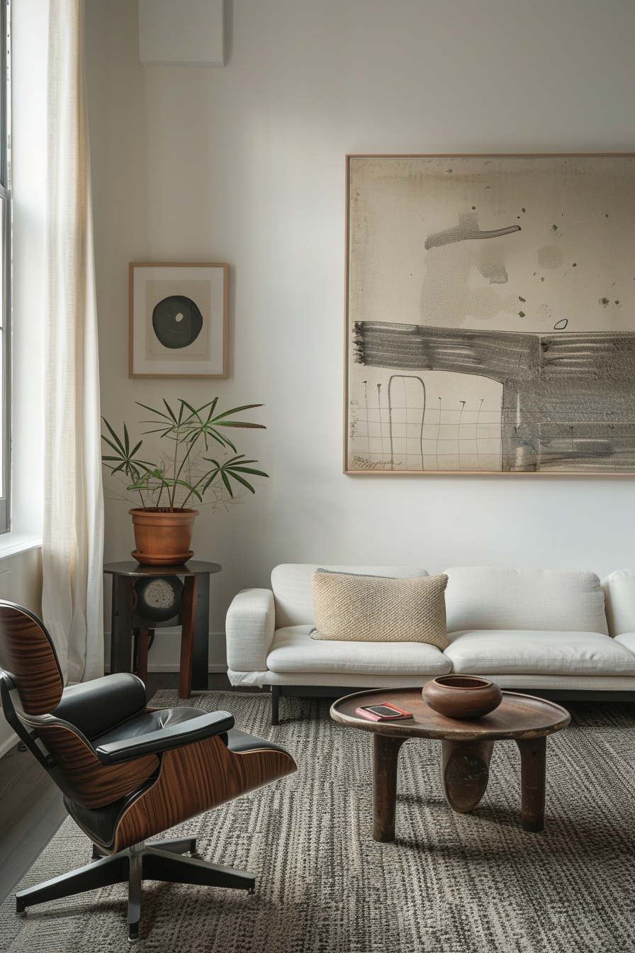A cozy living room with a white sofa, modern chair, abstract art, plants, and a wooden coffee table on a textured rug.