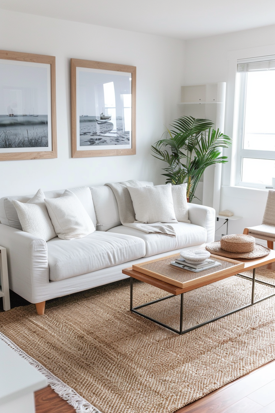 A cozy living room with a white couch, wooden coffee table, sisal rug, and nautical themed wall art.