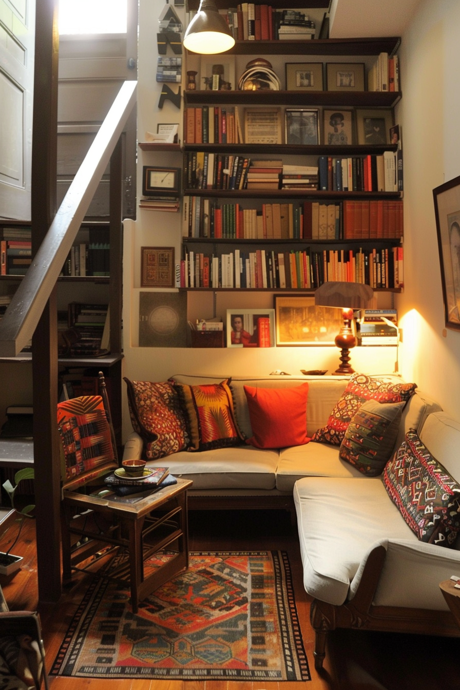 Cozy reading nook with a plush sofa, patterned pillows, a book-filled shelf, a lamp, and a colorful rug, under a stairway.