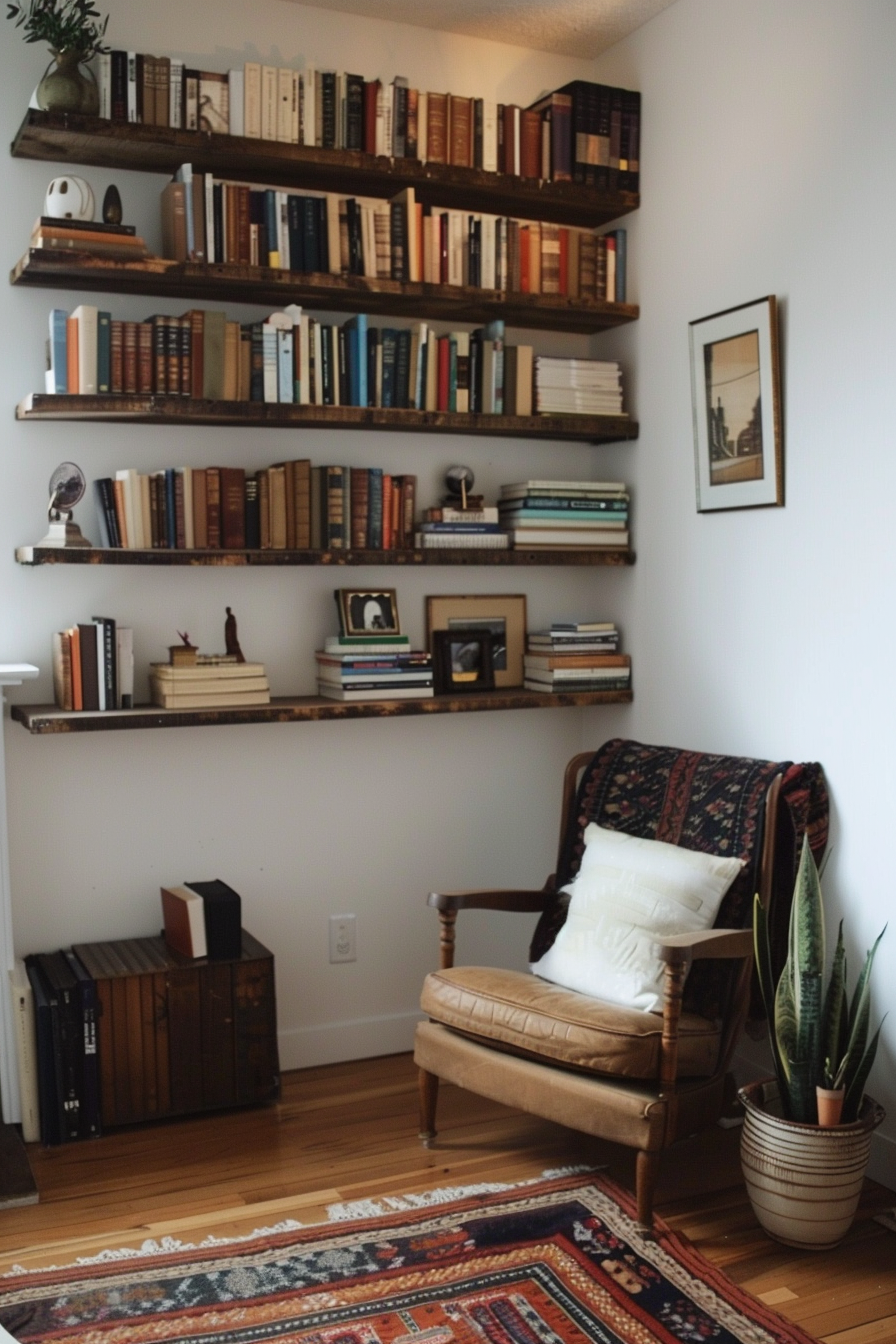 A cozy corner with a vintage armchair, patterned rug, and wall-mounted bookshelves filled with books, accompanied by decorative plants.