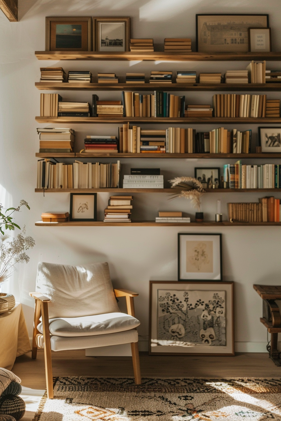 A cozy reading nook with a comfortable chair and wall-mounted shelves overflowing with books, framed pictures, and sunlight.