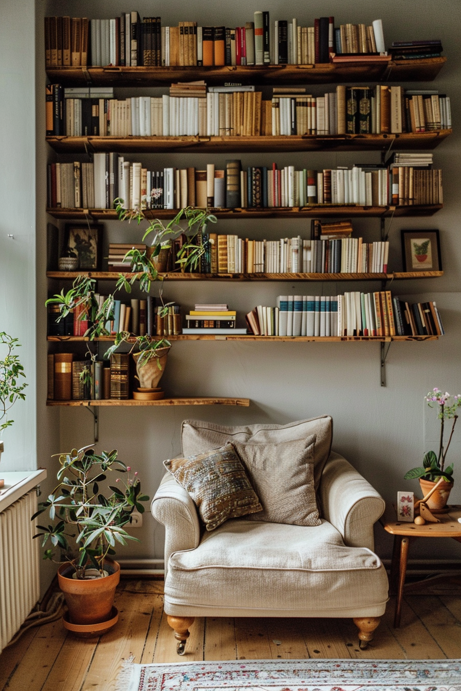 A cozy reading nook with a plush armchair and wooden shelves filled with books, potted plants, and warm lighting.