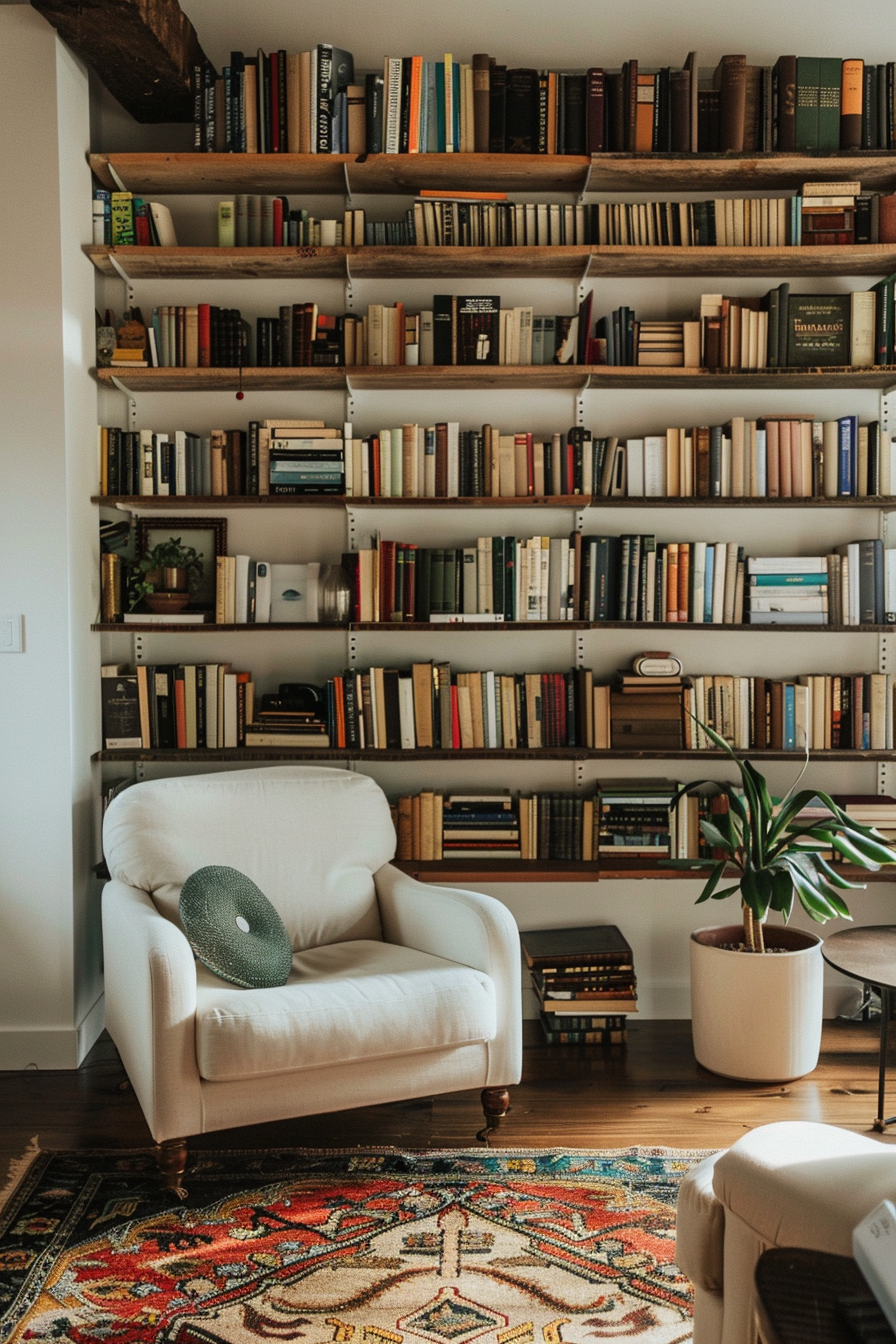 A cozy reading nook with a white armchair, a floor-to-ceiling bookshelf filled with books, a patterned rug, and a potted plant.
