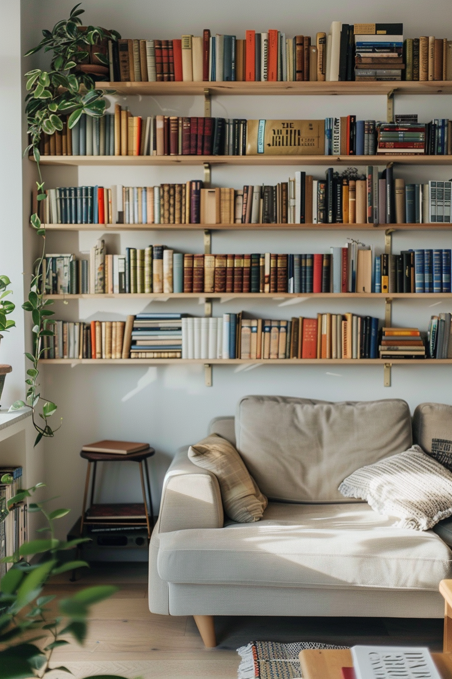 A cozy reading nook with a beige sofa, a wooden stool, and wall-mounted shelves filled with a variety of books and potted plants.