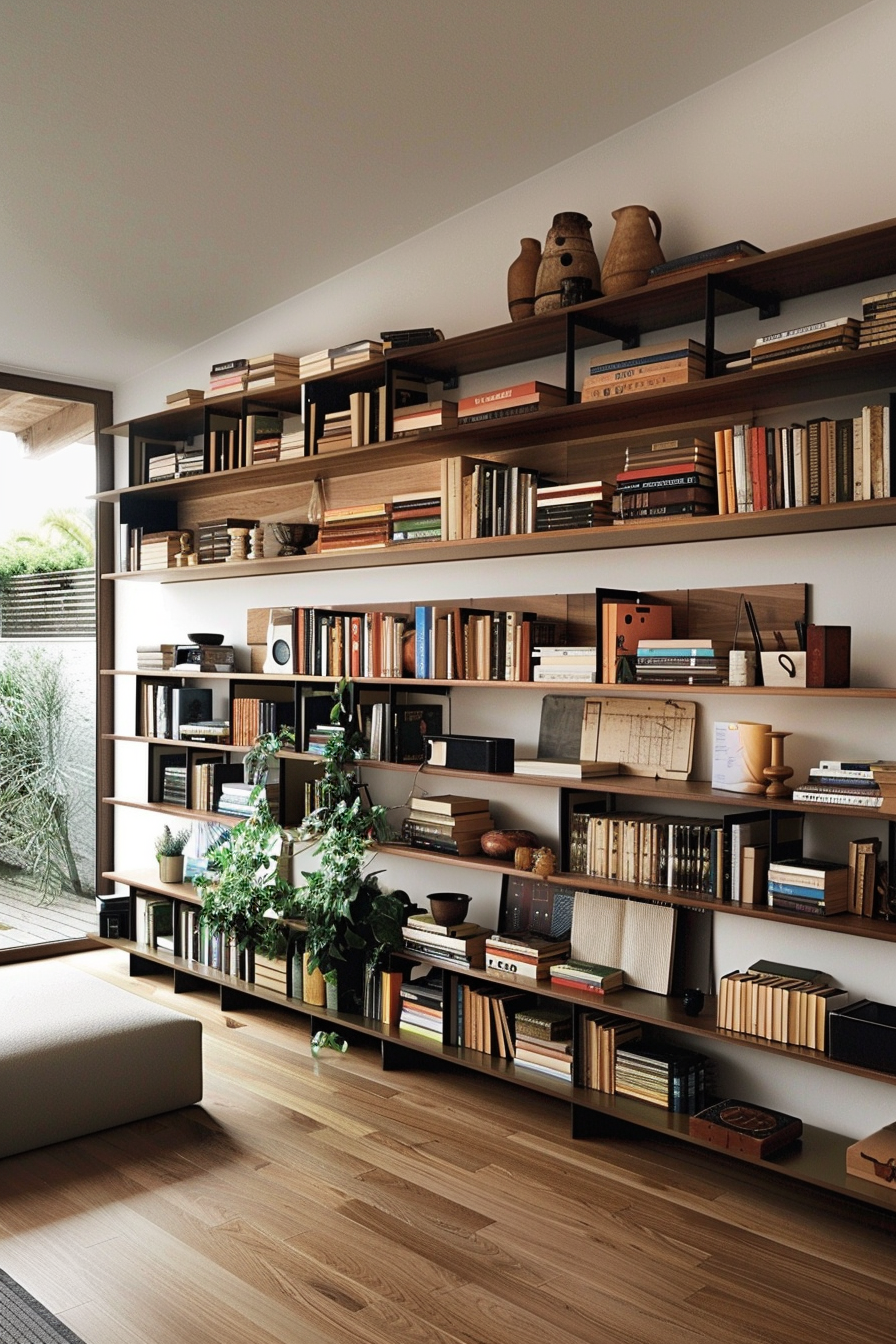 ALT: A modern living room corner with a large, wall-mounted bookshelf filled with books, plants, and decorative items.