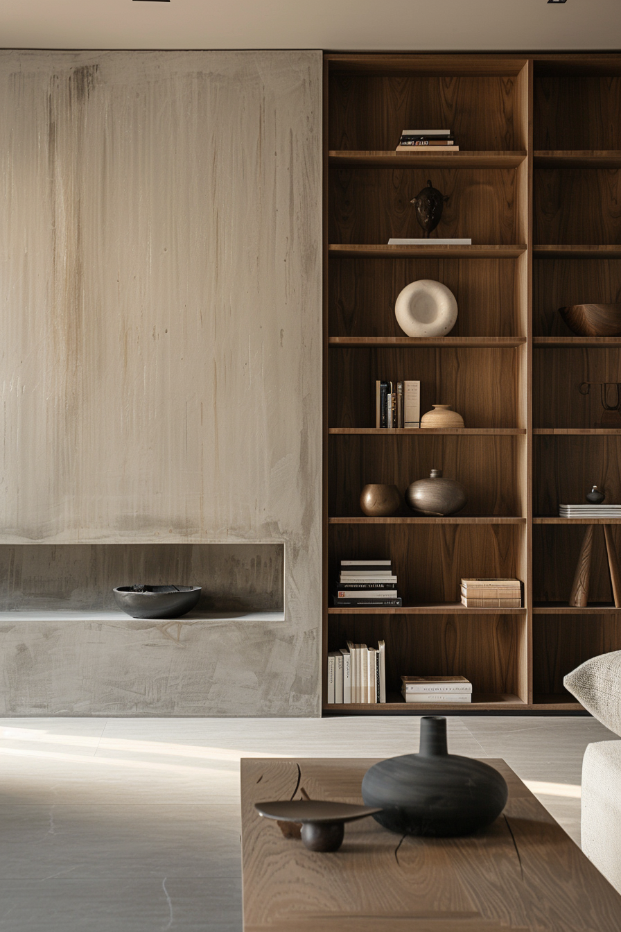 Modern interior with a wooden bookshelf, textured wall, and decorative items on tables.