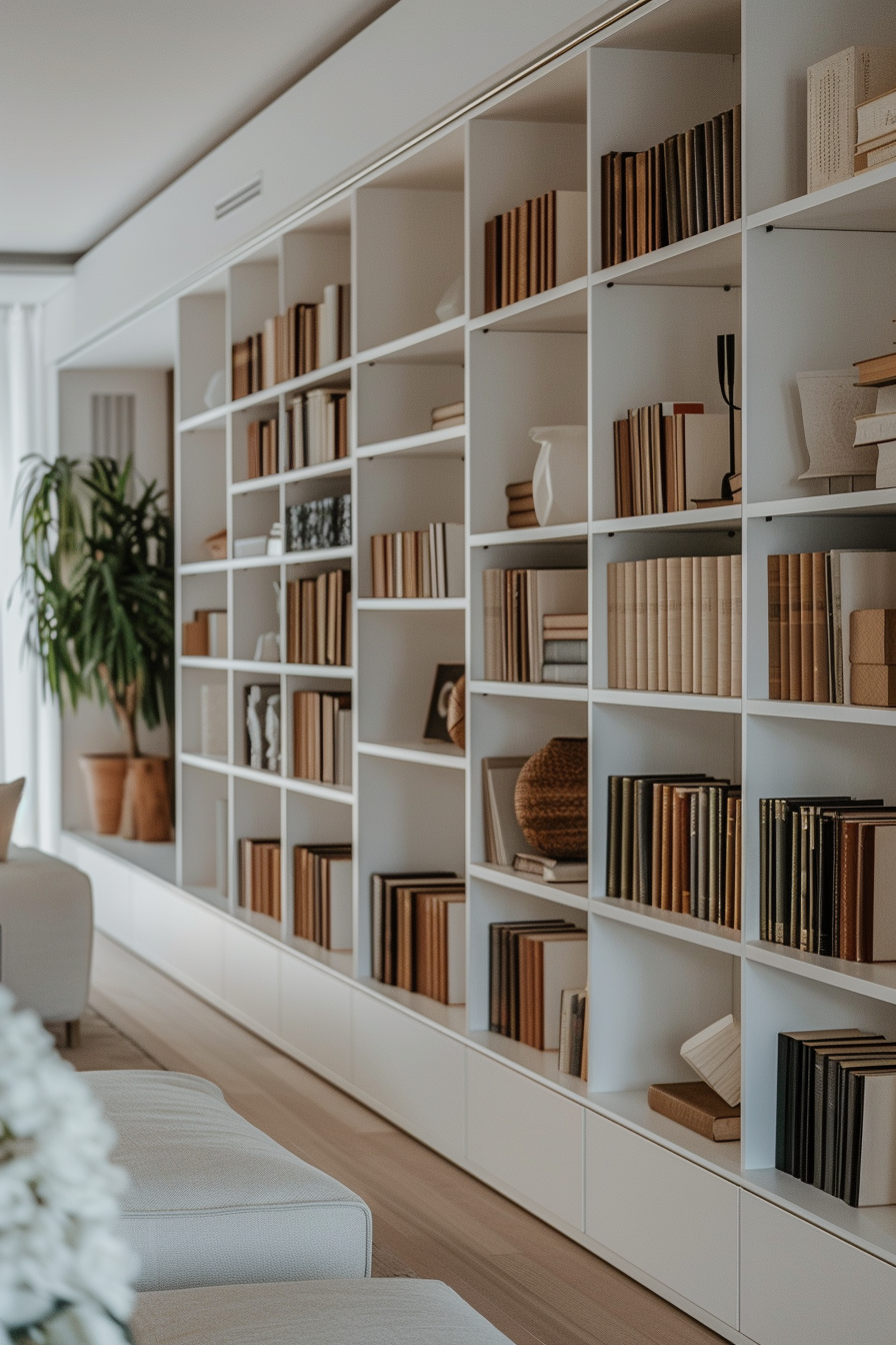 ALT: A modern living room with a large white bookshelf filled with books, decorative items, and a plant in a cozy setting.