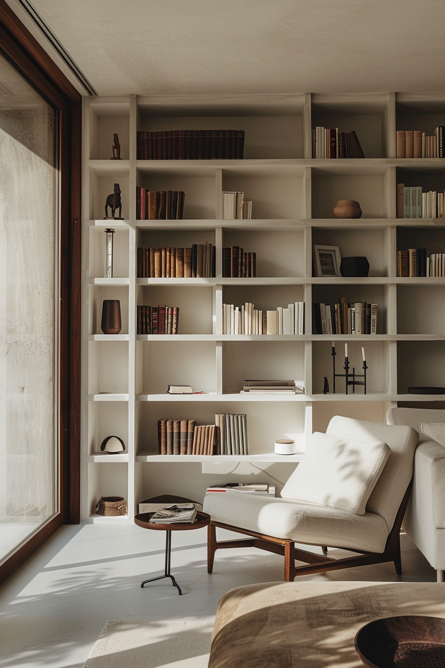 Cozy reading nook with a white armchair, floor lamp, and a large bookshelf filled with books, bathed in natural sunlight.