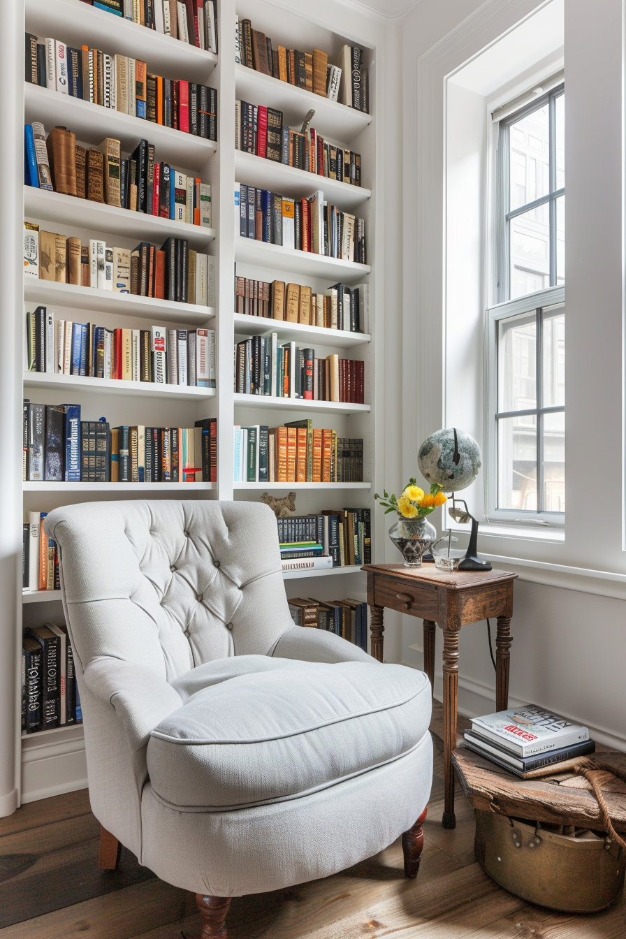 A cozy reading nook with a white tufted armchair, floor-to-ceiling bookshelves filled with books, a small wooden side table, and a globe.