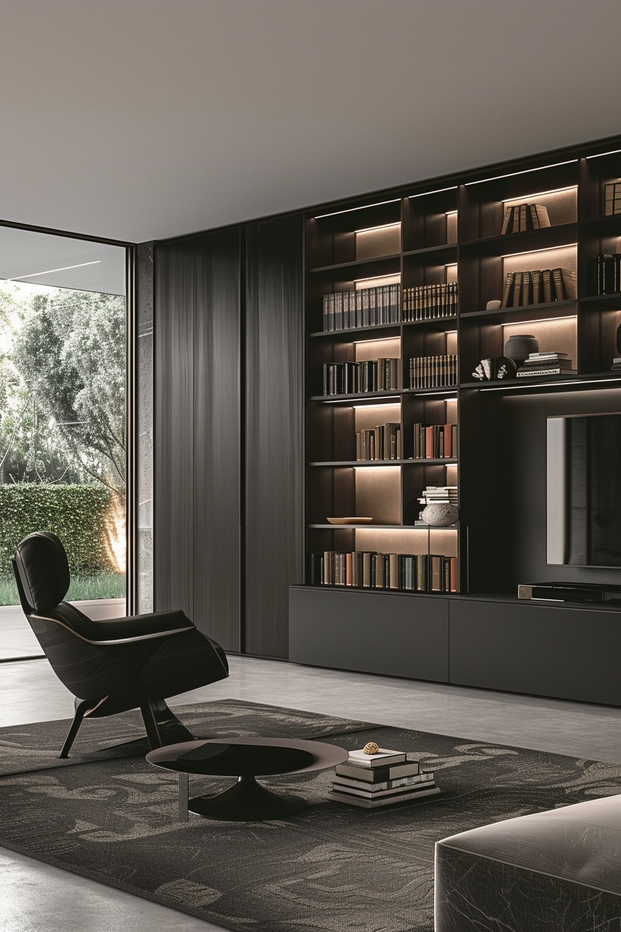 Modern living room with dark furniture, bookshelves, a stylish chair, and a large window overlooking greenery.