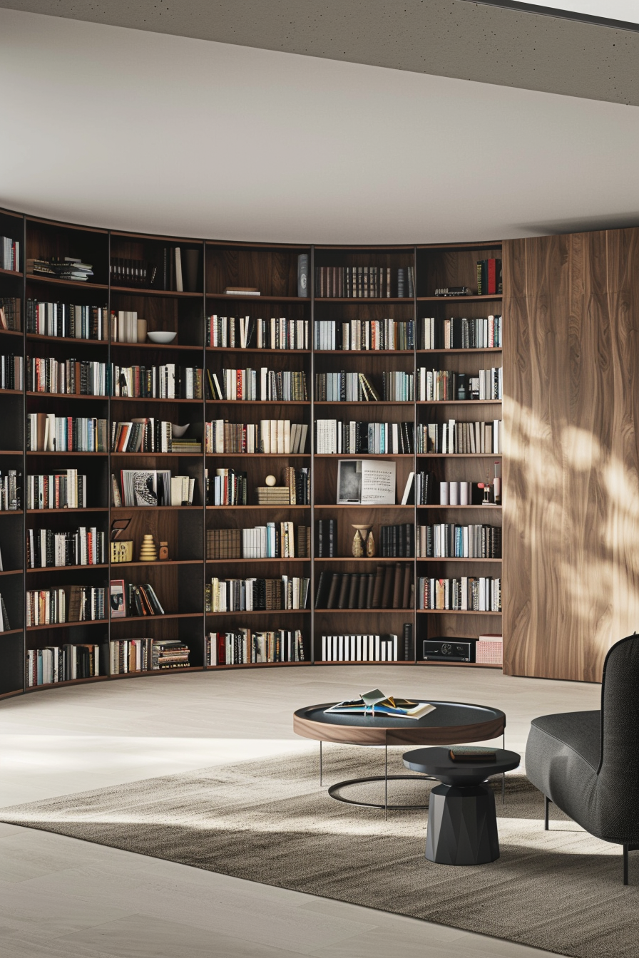 Modern living room with a large curved bookshelf, a round coffee table, and a dark chair on a textured rug.