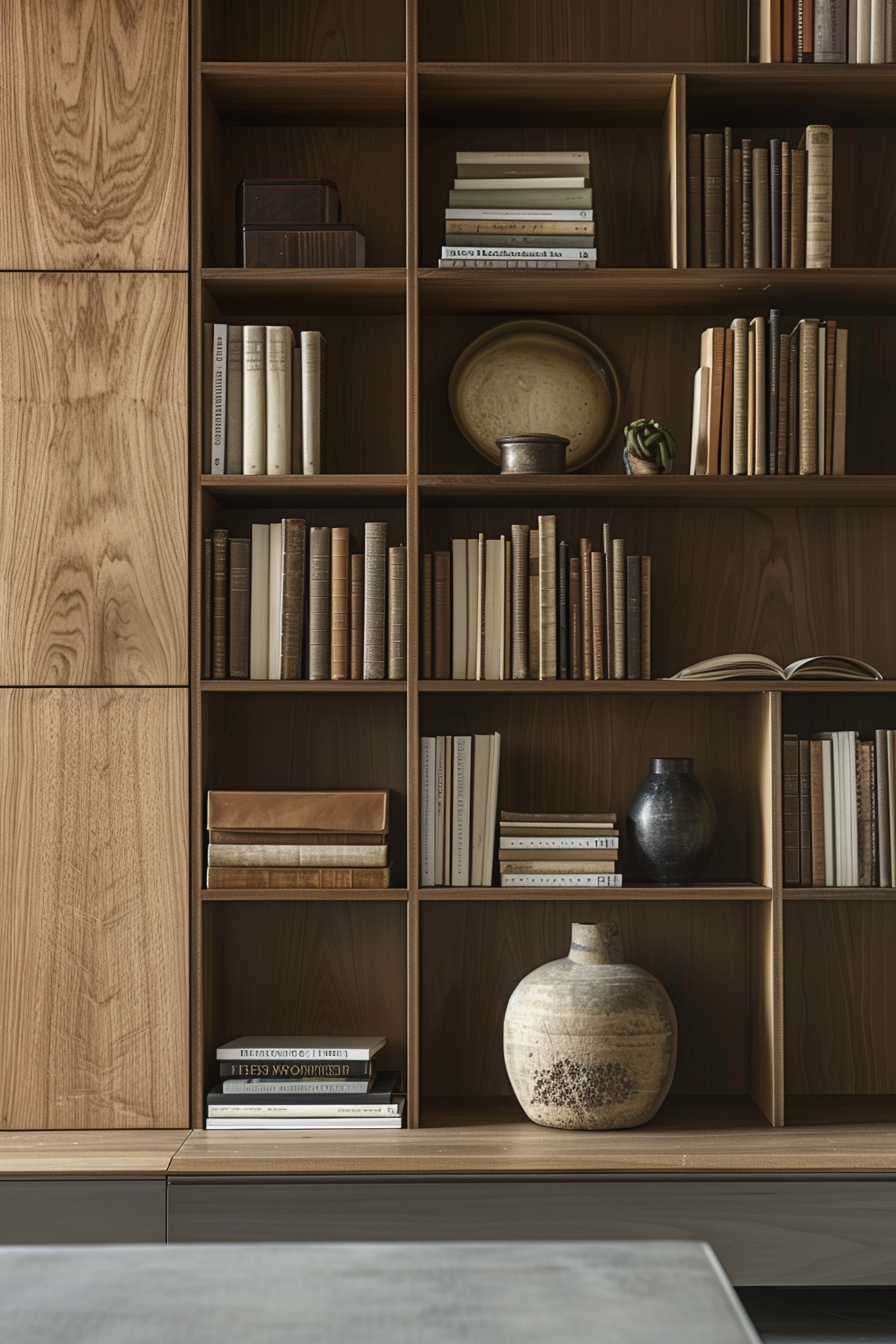 ALT: A wooden bookshelf filled with an assortment of books and decorative items, including vases and pottery, giving a cozy, intellectual vibe.
