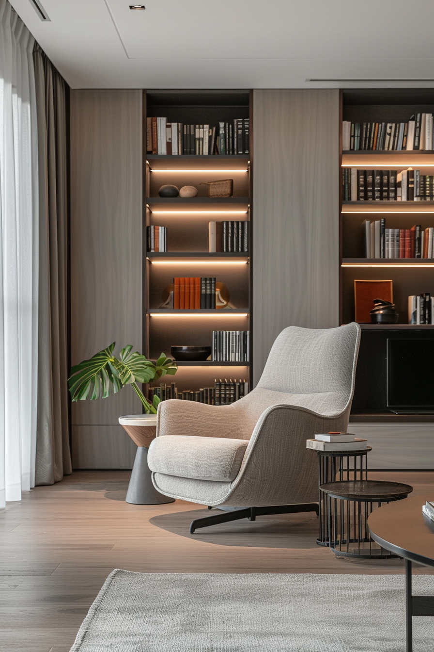 A cozy reading nook with a modern armchair, side table, and bookshelves illuminated by warm lighting.