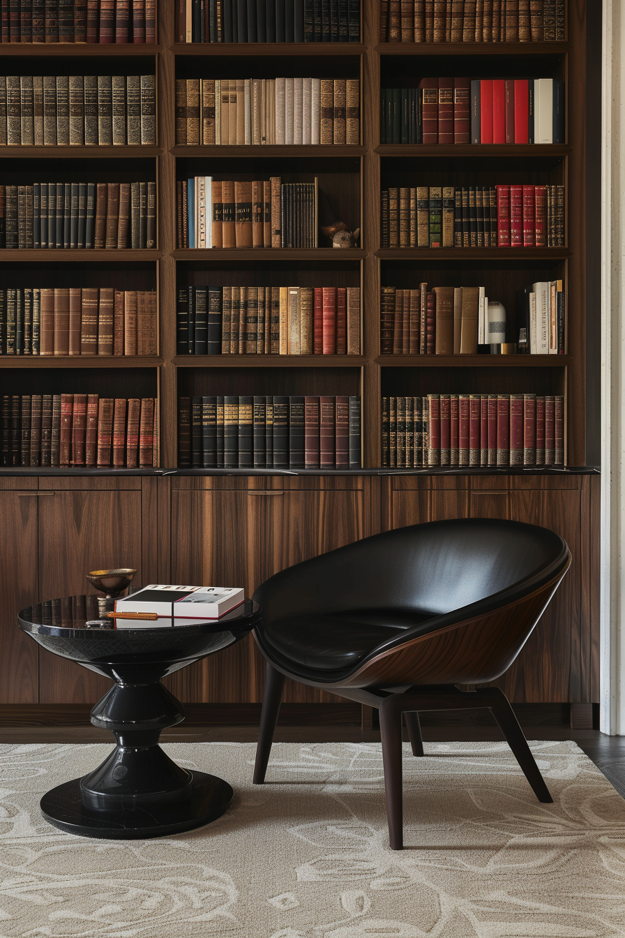 Elegant home office with a dark wood bookshelf filled with books, a sleek black chair, and a round side table with books and a bowl.