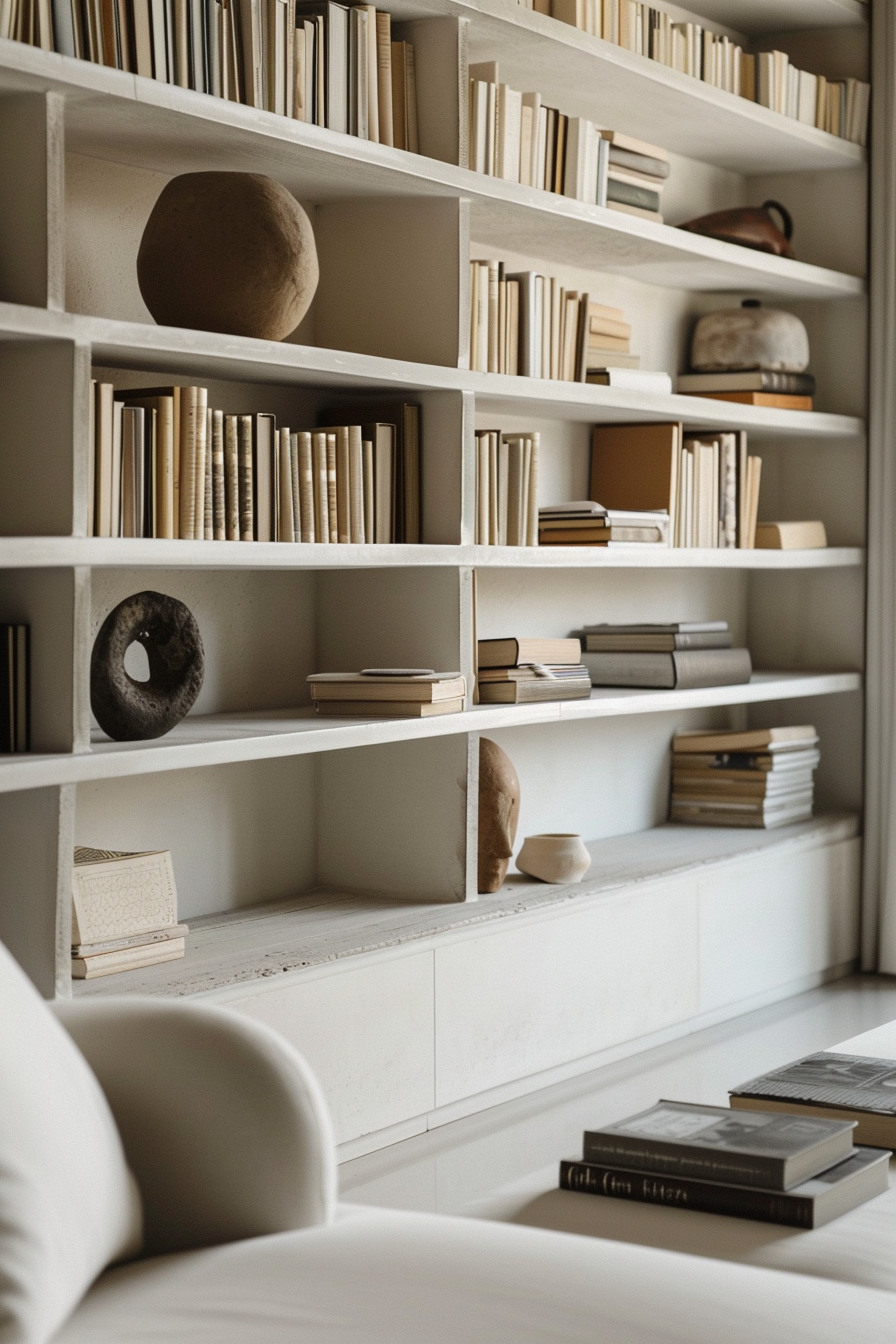 White bookshelves stocked with neatly arranged books in a monochrome room, accented by a few decorative objects.