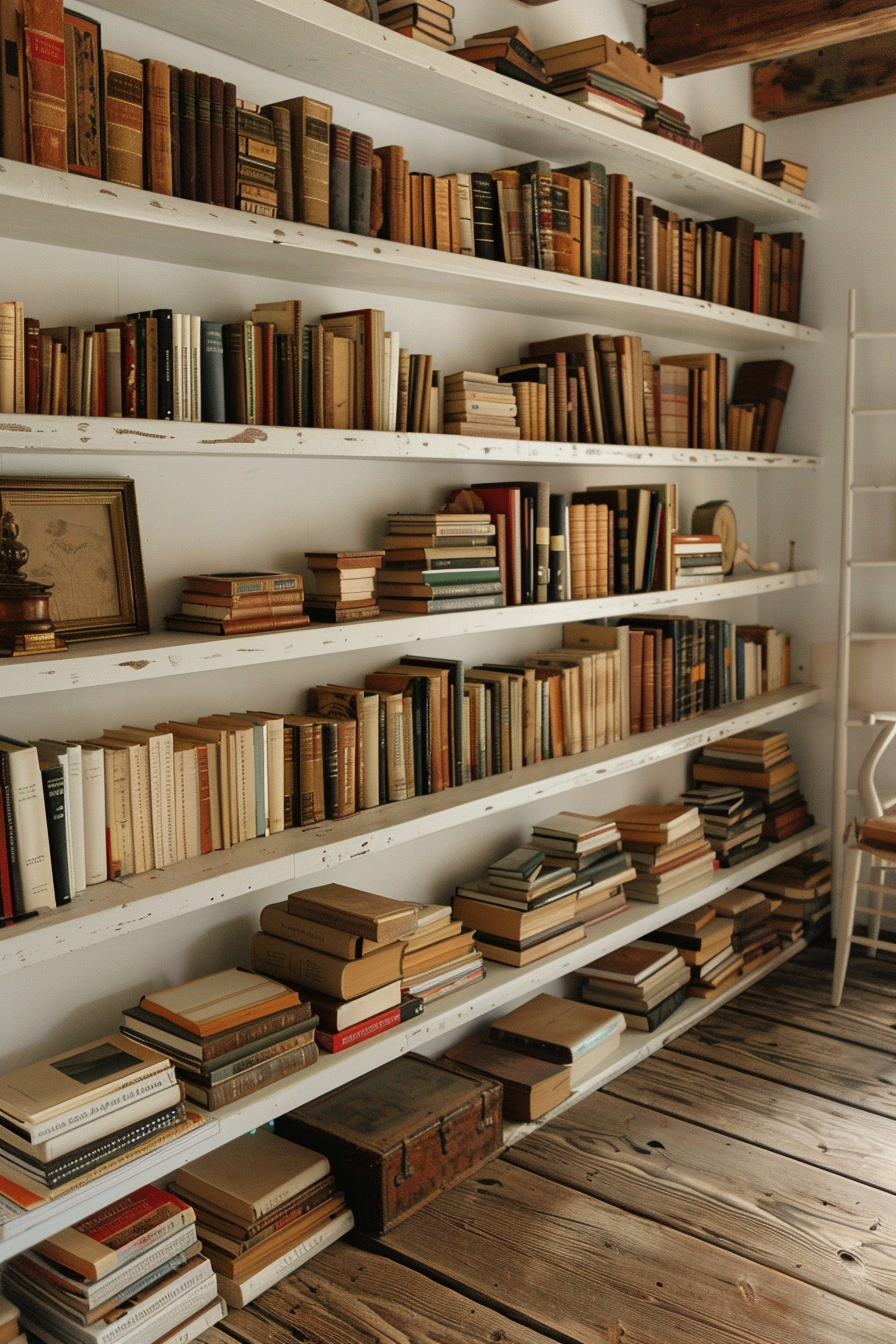 A cozy corner with white shelves filled with various old and new books, and a rustic wooden floor.