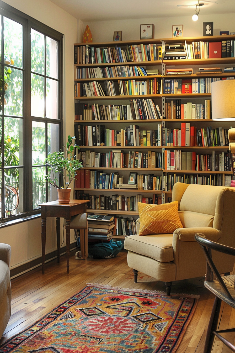Cozy room with wall-to-wall bookshelves filled with books, a beige armchair, colorful rug, and a small plant on a wooden table by the window.