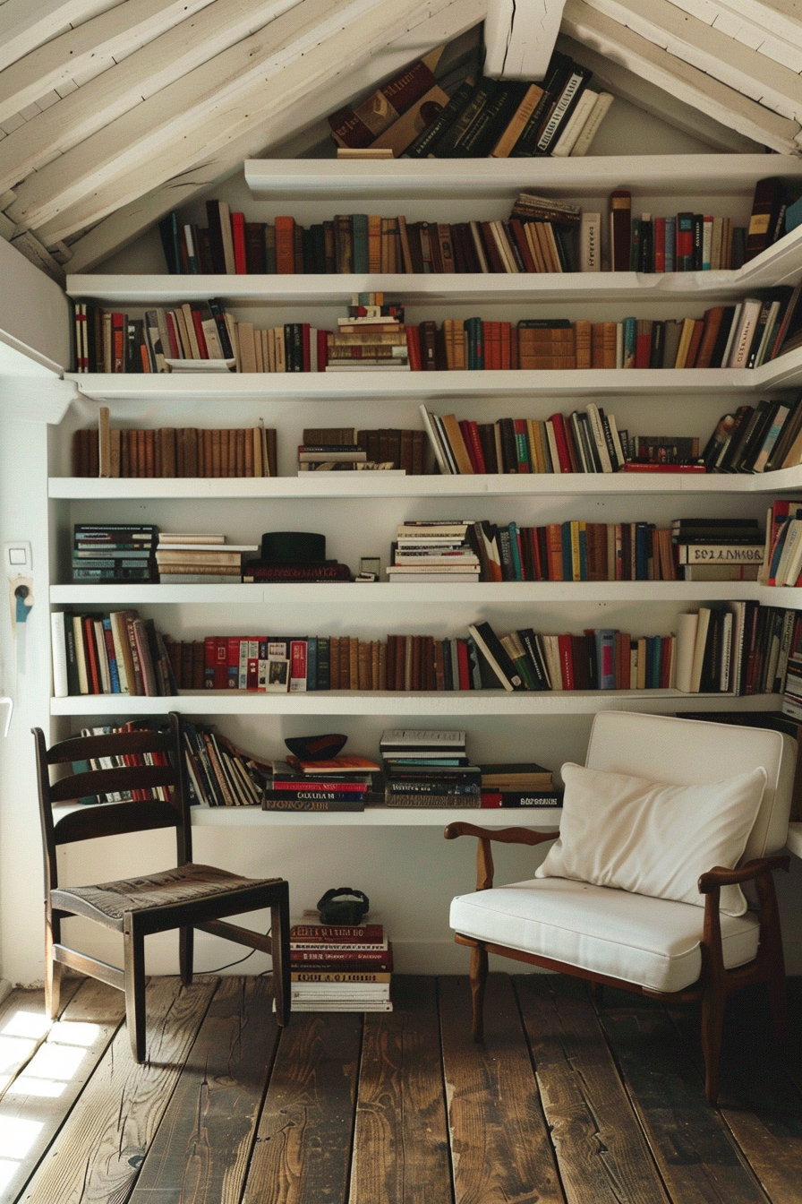 Cozy attic reading nook with white built-in bookshelves filled with books, a wooden chair, a cushioned armchair, and wooden floors.