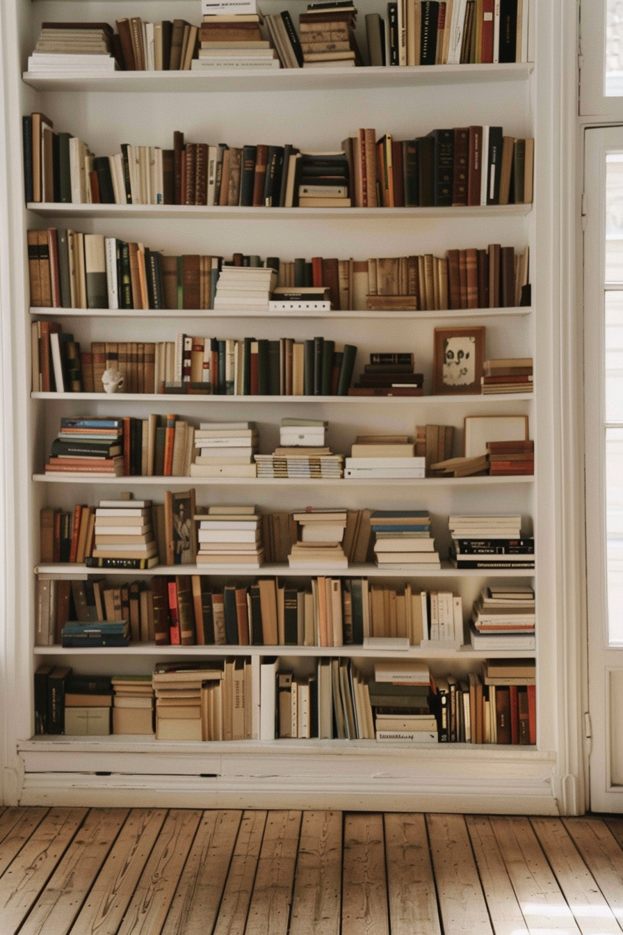 A cozy room corner featuring a large white bookshelf filled with an assortment of books, next to a window with wooden flooring.