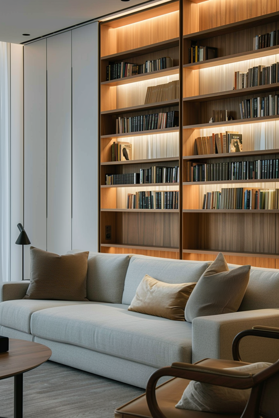 Cozy modern living room with a large, comfortable sofa and a wooden bookshelf filled with books, warm lighting, and minimalist decor.