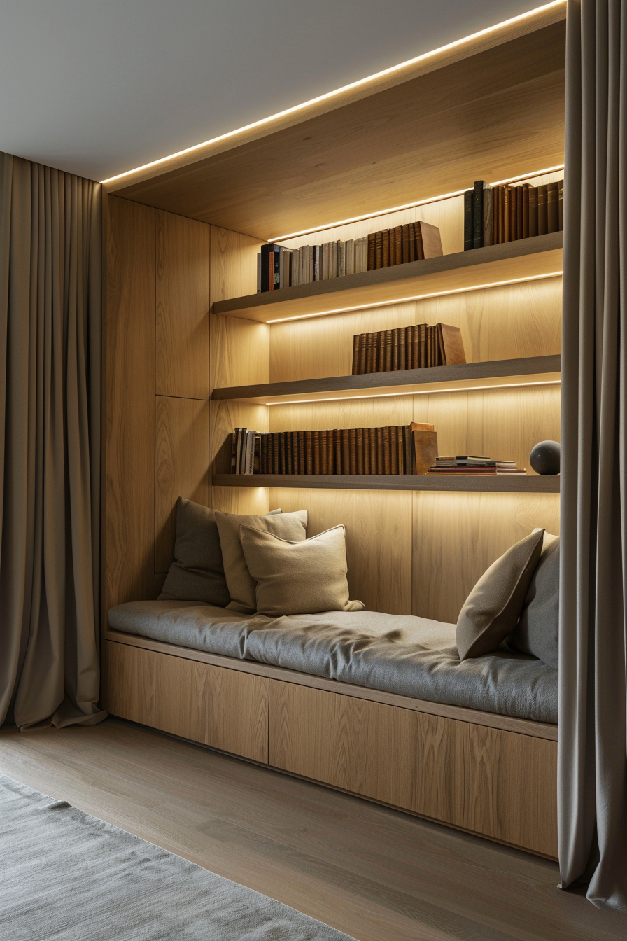 Cozy nook with built-in wooden bookshelves, LED strip lighting, and a cushioned bench with pillows, flanked by curtains.