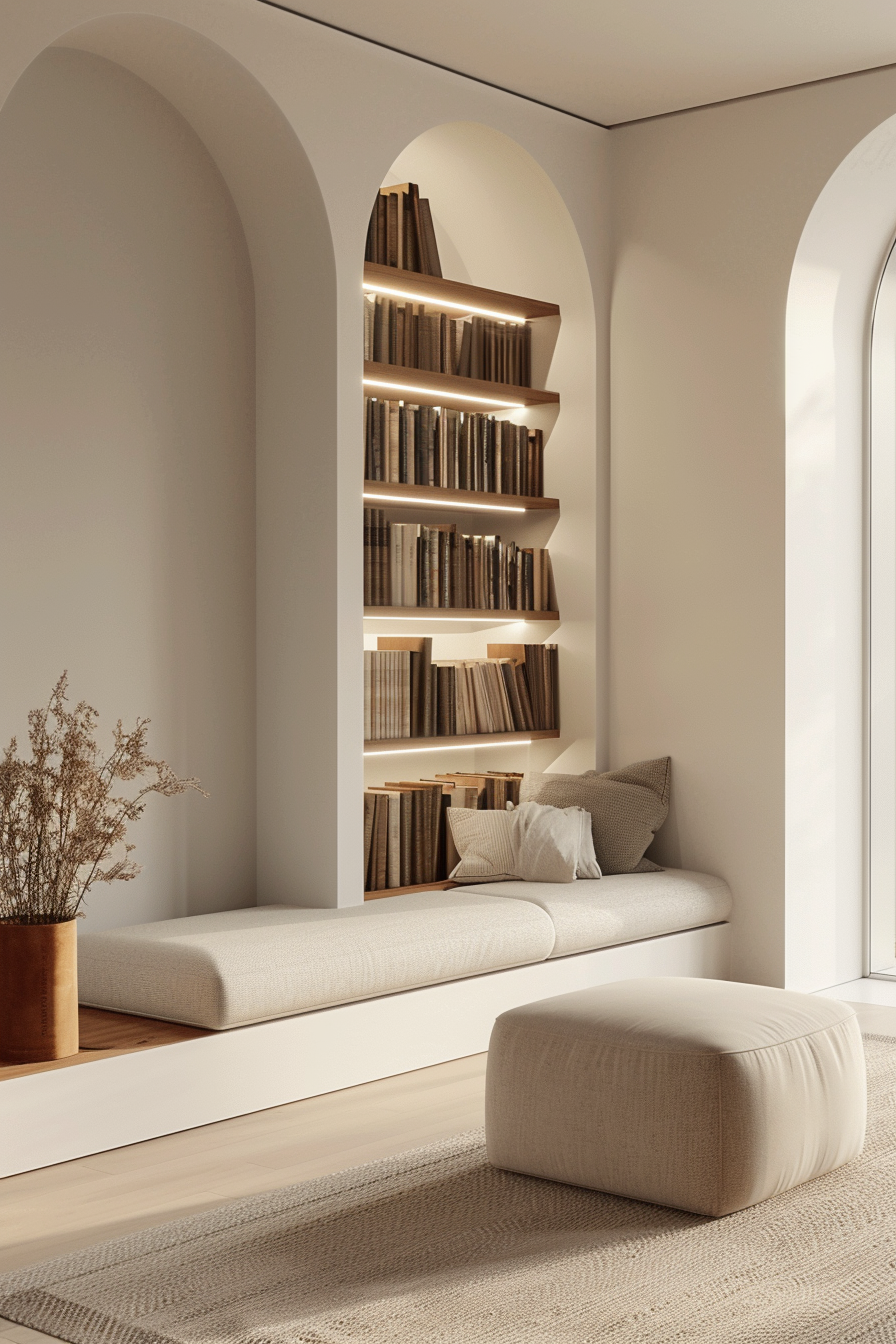 Modern cozy reading nook with built-in bookshelf, daybed, and ottoman in a room with arched alcoves and warm lighting.