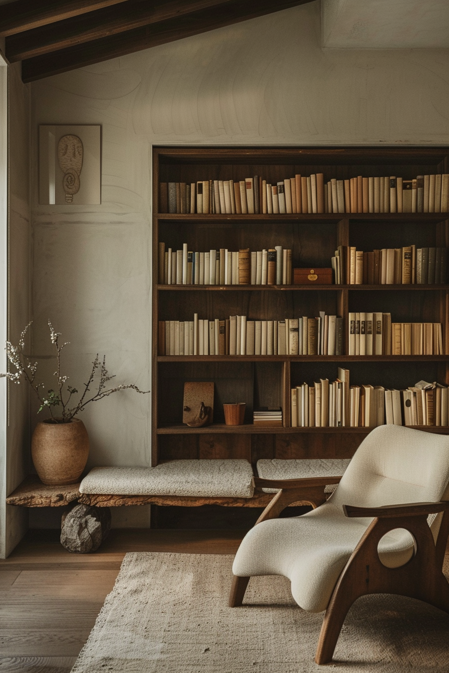 Cozy reading nook with a modern armchair, a large bookshelf filled with books, potted plant, and a bench under soft lighting.