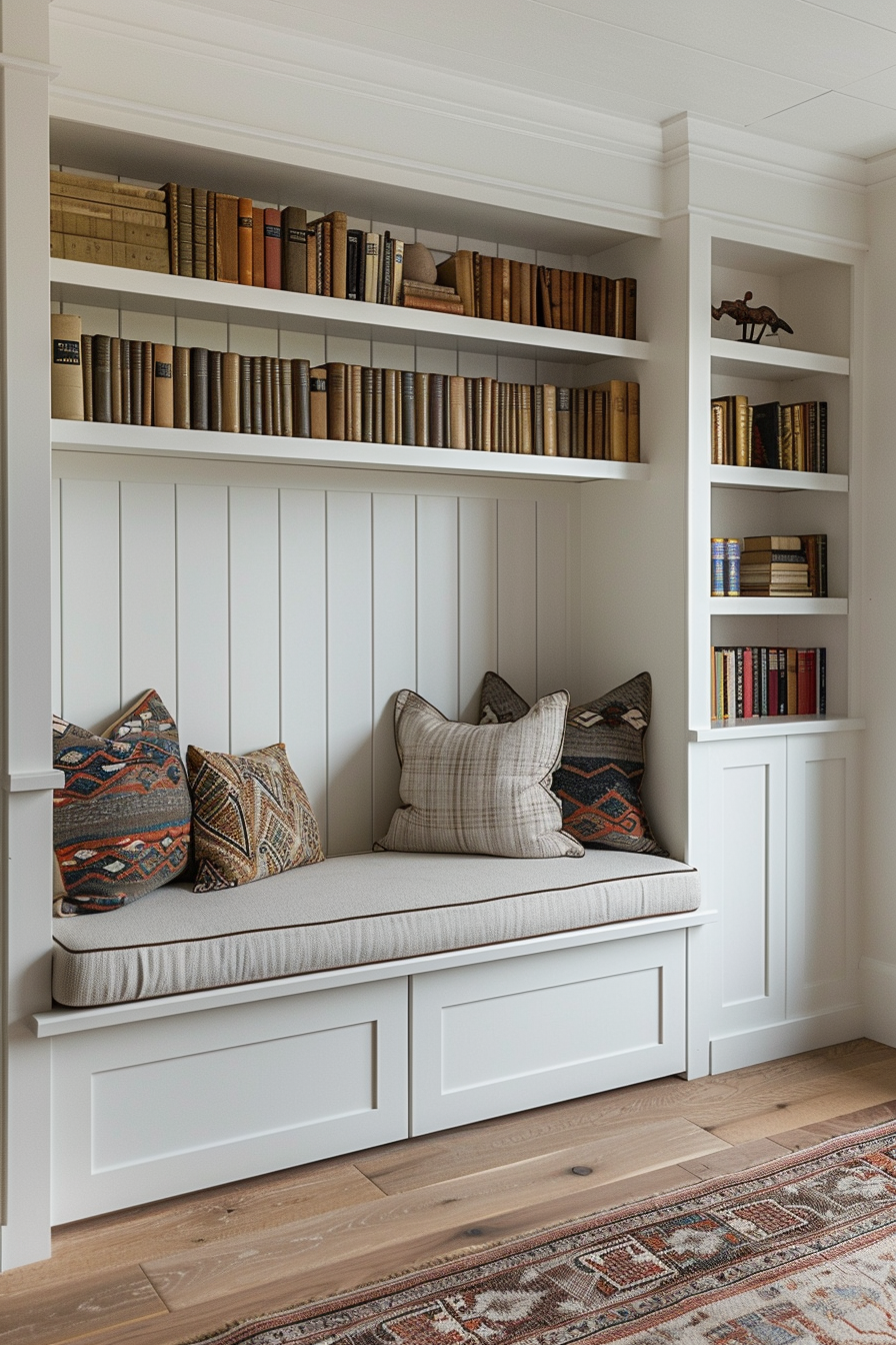 Cozy reading nook with built-in bench and cushion flanked by bookshelves filled with old books, under a detailed crown molding.