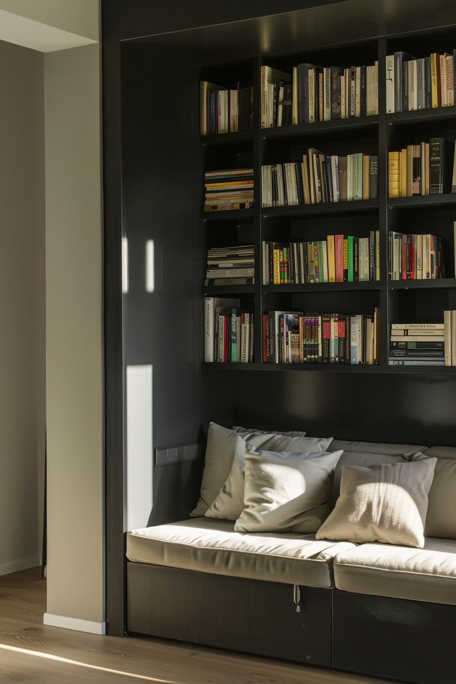 Cozy reading nook with a built-in black bookshelf full of books and a cushioned seat with pillows illuminated by warm sunlight.
