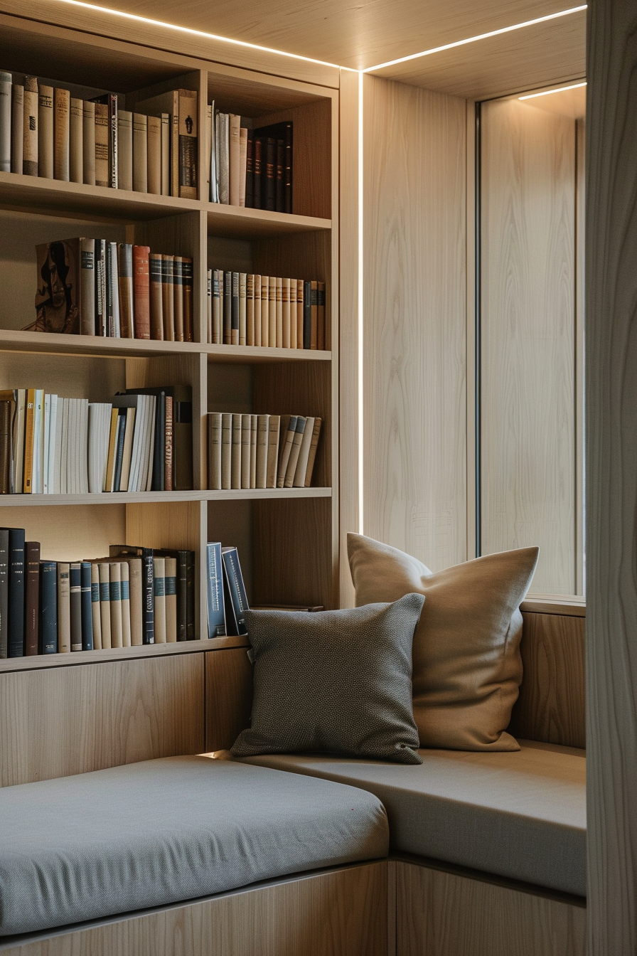 Cozy reading nook with built-in bookshelves filled with books and LED lighting, accompanied by a bench with comfortable cushions.