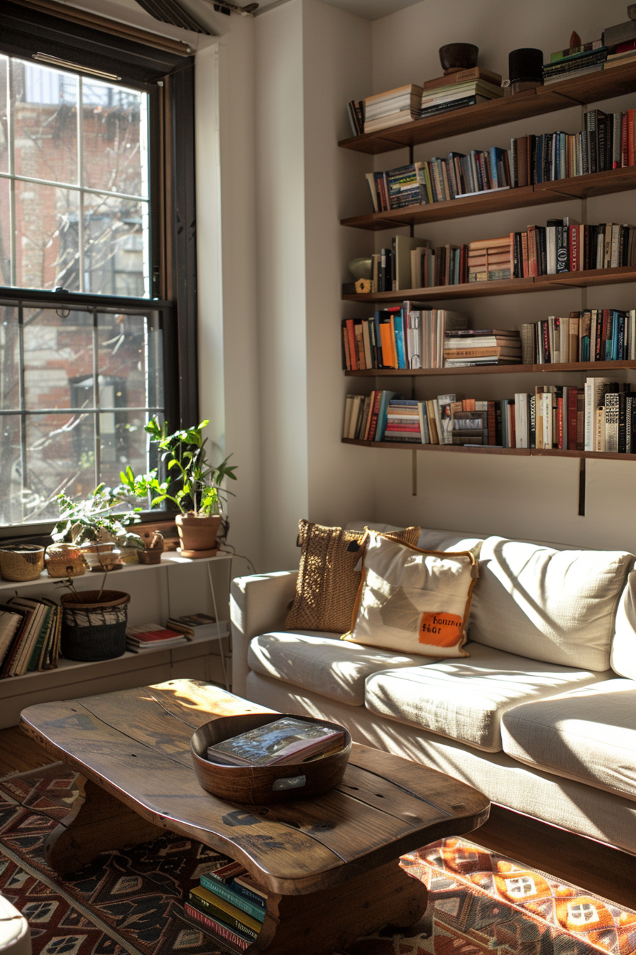 Cozy reading nook with a couch, wooden table, bookshelves, plants by the window, and warm sunlight.