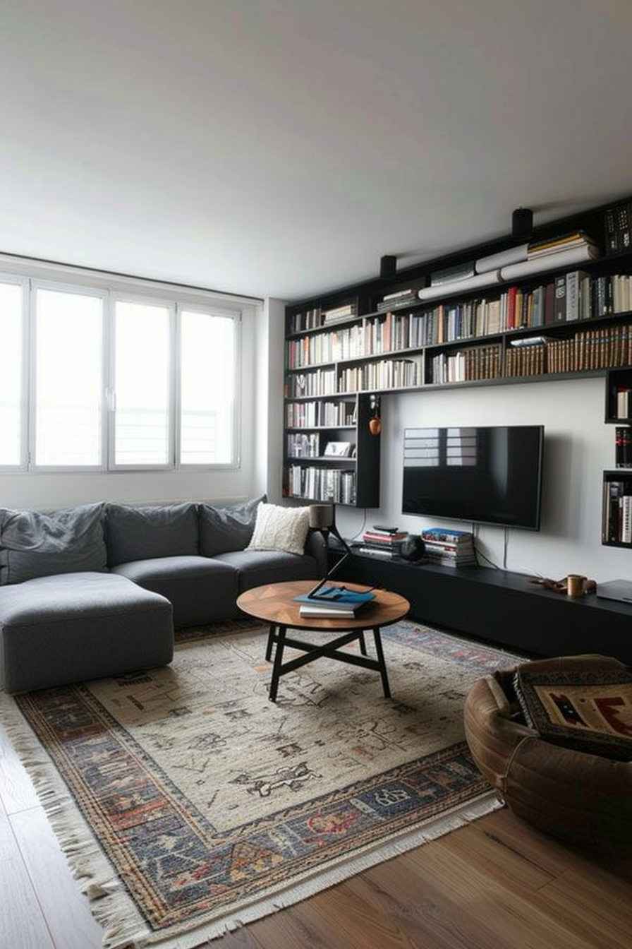 Modern living room with a gray sectional sofa, wooden coffee table, ornate rug, and wall-to-wall bookshelf with TV.
