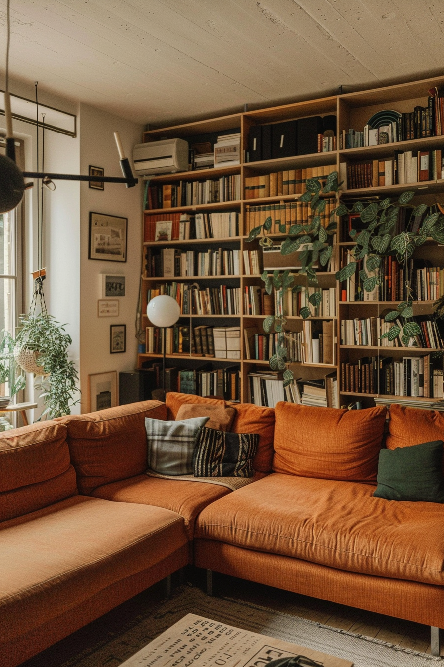 Cozy living room with an L-shaped terracotta sofa, bookshelves filled with books, and green houseplants.