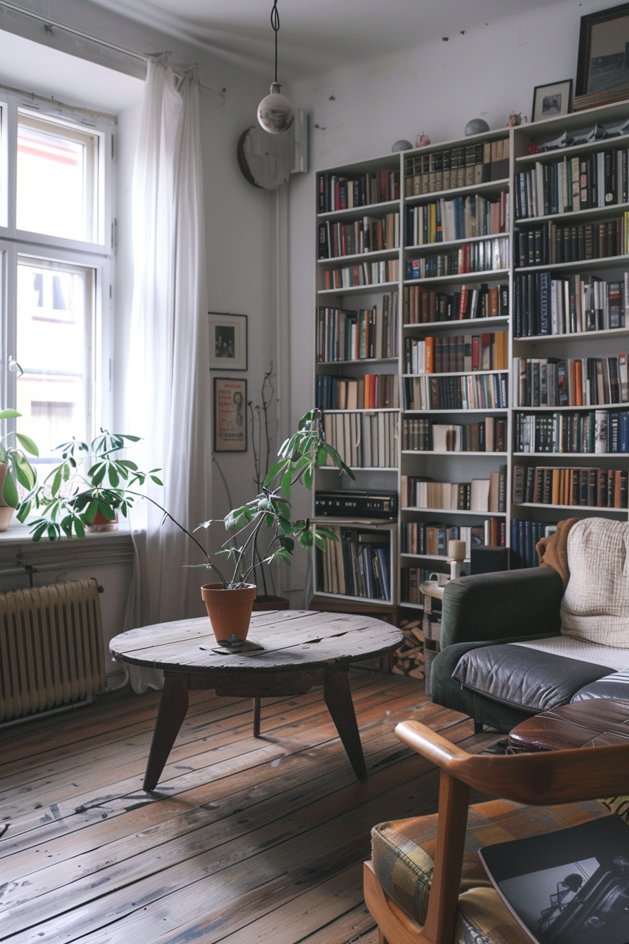 ALT: A cozy room with a rustic wooden floor, a round table with a potted plant, bookshelves full of books, and a comfortable couch with a pillow.
