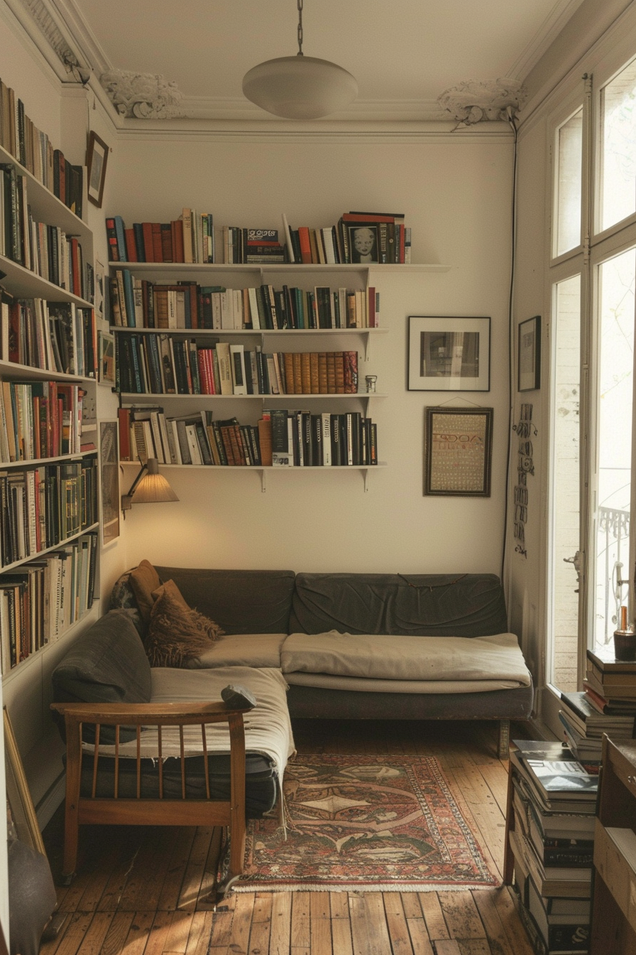Cozy living room with full bookshelves, a comfortable couch, wooden floors, a rug, and natural light streaming in from a window.