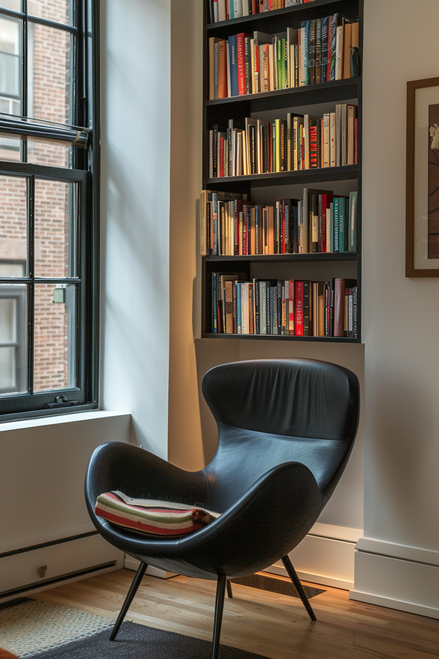 A cozy reading nook with a black modern chair and a full bookshelf beside a window with natural light.