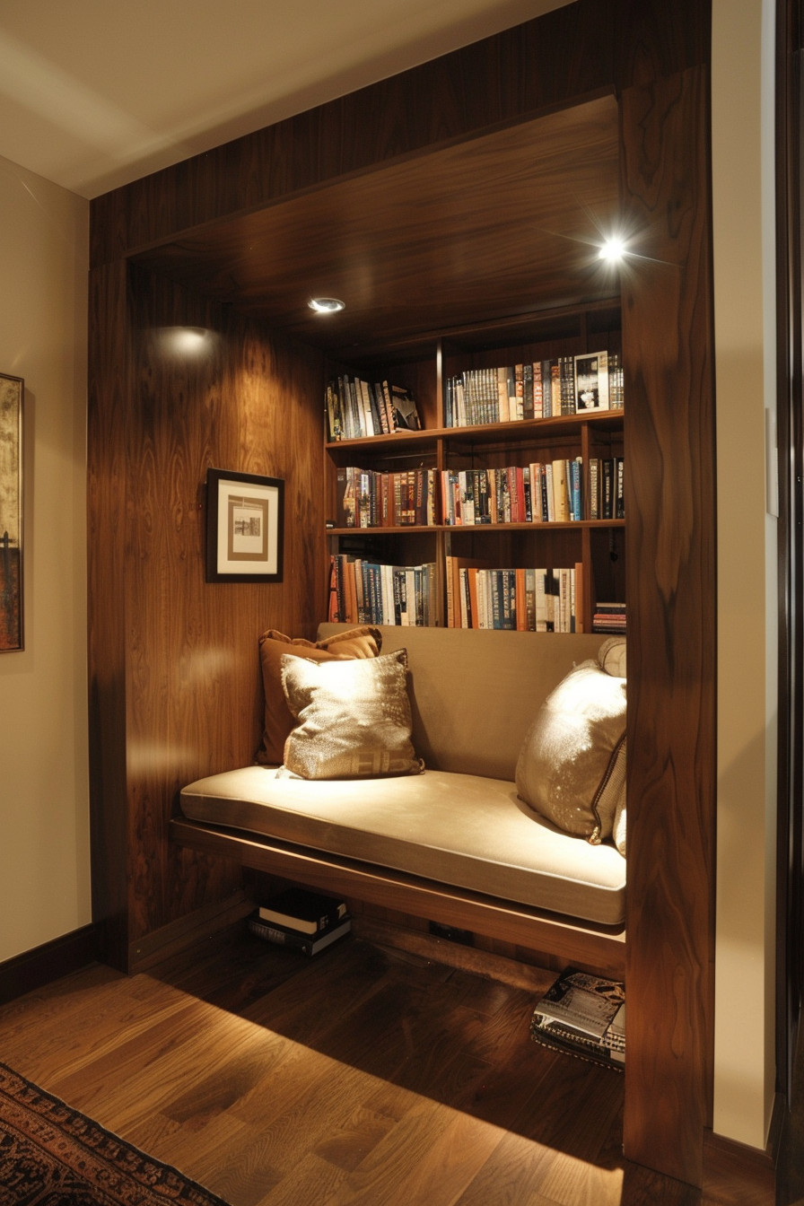 Cozy reading nook with cushioned seating, built-in bookshelves, and soft lighting, nestled in a warm wooden interior.